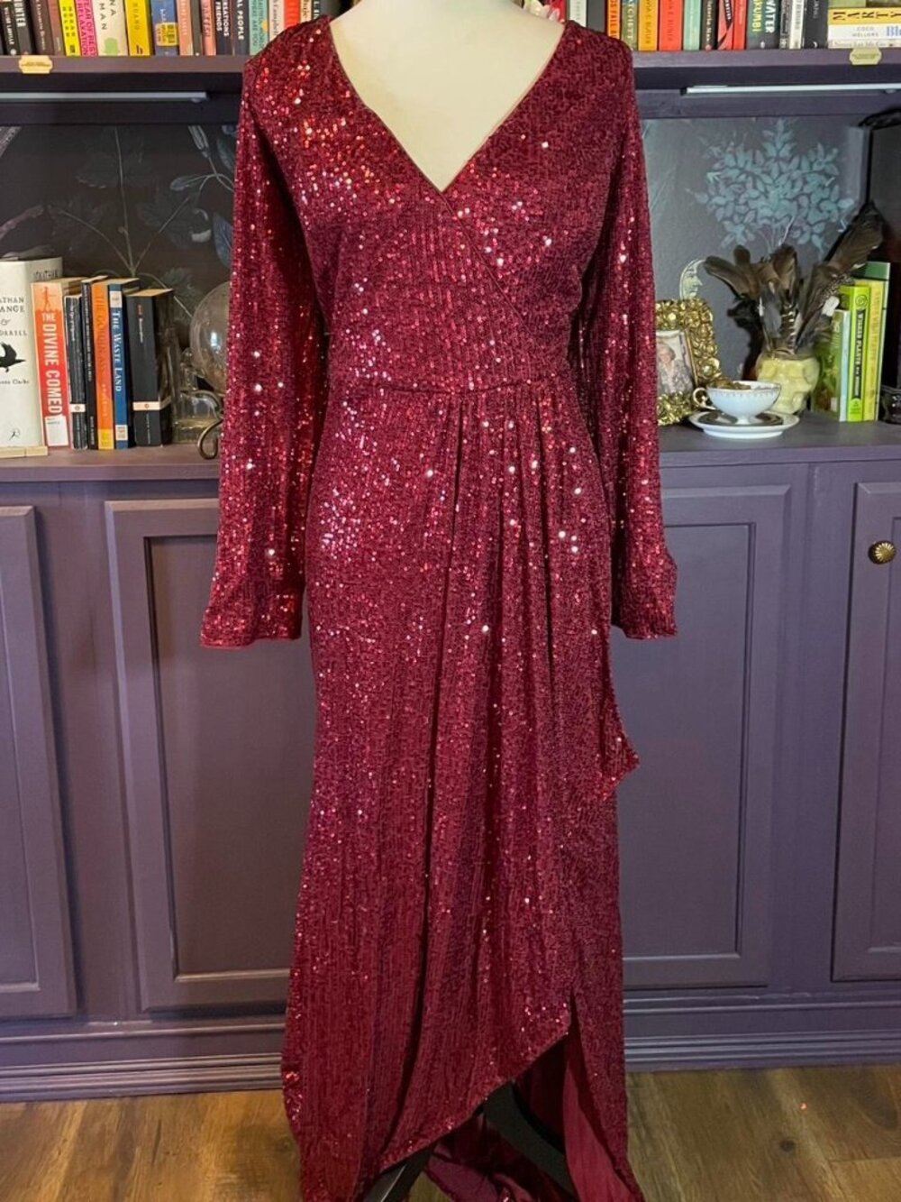 Glam Red Sequin Max Dress With Long Sleeves